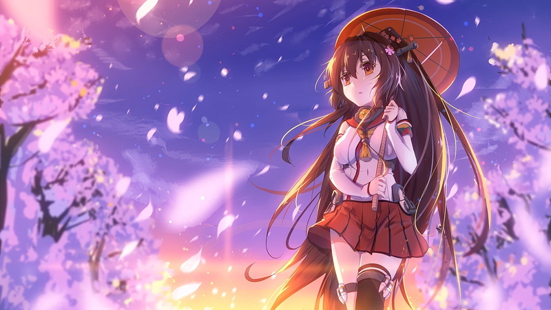brunette, lifestyles, music, illuminated, outdoors, enjoyment, long hair, plant, nature, fun, event, Kantai Collection, umbrella, happiness, 1080P, beautiful woman