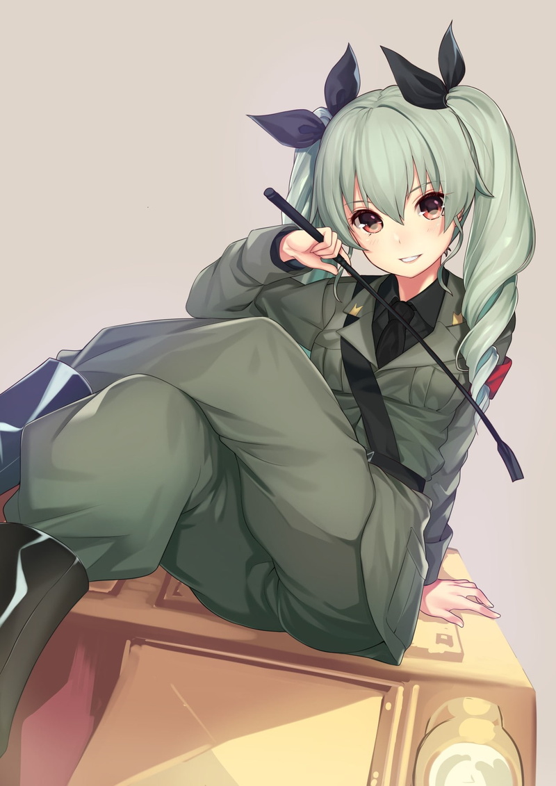 long hair, Anchovy (Girls und Panzer), uniform, anime, Girls und Panzer, green eyes, weapon, red eyes, 720P, anime girls