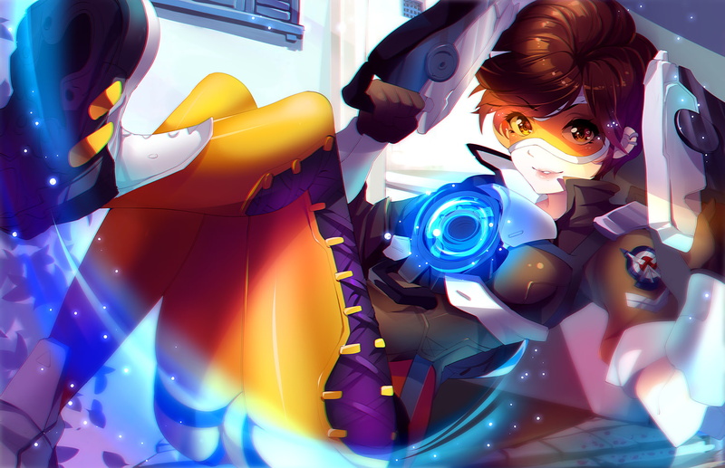 short hair, 720P, bodysuit, weapon, gun, Overwatch, Tracer (Overwatch), anime, anime girls