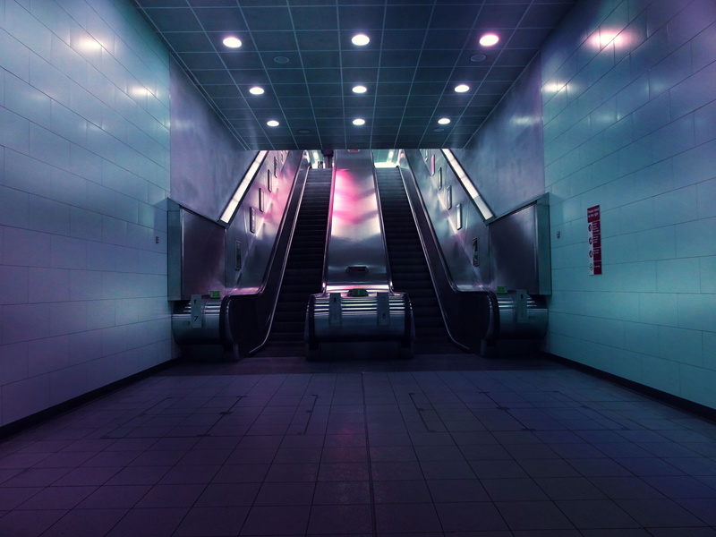 two, landscape, station, tiled floor, empty, indoors, ceiling, long, public transportation, direction, reflection, technology, underground, underground walkway