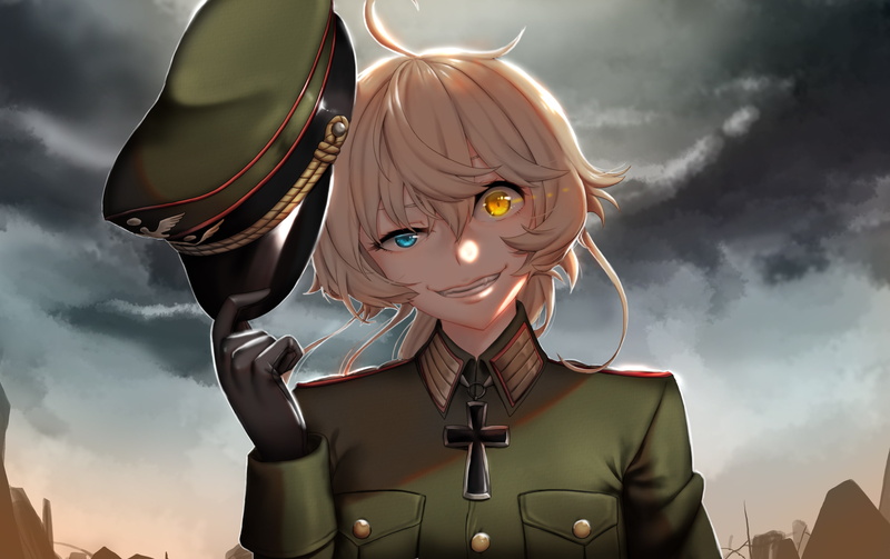 Tanya Degurechaff, fangs, Youjo Senki, 2K, yellow eyes, blue eyes, uniform, short hair, military, heterochromia, ruin, hat, blonde, sky