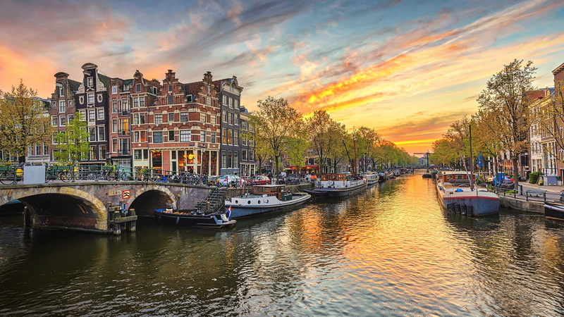 river, Light Cycle, sky, 1080P, trees, Netherlands, water, Amsterdam, bridge, building, clouds, landscape, skyline, boat