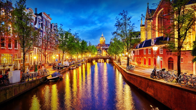 1080P, bridge, trees, Light Cycle, river, car, boat, street light, Netherlands, lights, night, Amsterdam, clouds