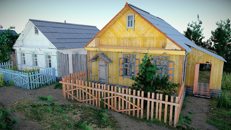 house, blender cycles, Board, roof, the sky, 1080P, Windows, yellow, light, trees, private house, Russian village, the fence, blue, graphics, white, blender