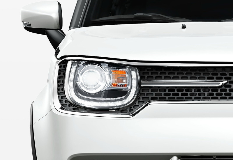 studio shot, white color, vehicle light, vintage car, motor vehicle, 720P, close-up, (2017), silver colored, suzuki, clean, ignis, stationary, indoors
