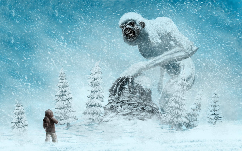snowing, blizzard, fantasy, motion, day, outdoors, water, winter, yeti, monster, ice, warm clothing, tree, white color, people, snow, full length, leisure activity