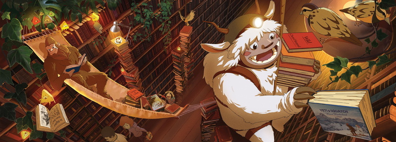 Portland, Yeti, book store, vacation, sasquatch, travel oregon, Studio Ghibli, 2K, squatch, digital painting, bookcase, landscape, Oregon, library, Hayao Miyazaki
