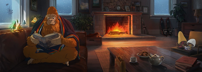 travel oregon, Yeti, Oregon, vacation, Portland, digital painting, landscape, Hayao Miyazaki, sasquatch, fireplace, Studio Ghibli, 2K, squatch