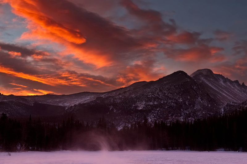 scenics, ice, RMNP, Bear Lake, Colorado, Rocky Mountain National Park, Rockies, 5K, clouds, forest, outdoors, surrounding, Rocky Mountains, photo, Sunrise