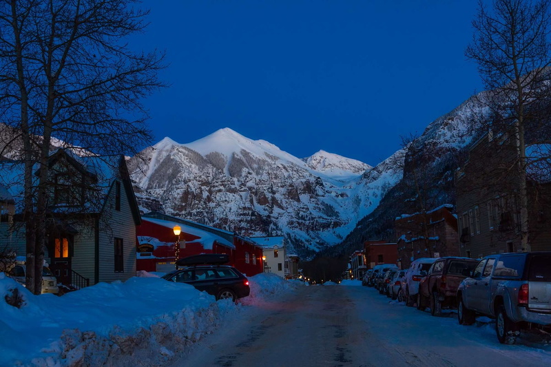 snow, no people, town, nature, transportation, mountain, shops, snowcapped mountain, landmarks, outside, city, urban, tree, resorts, historic, winter, sunset