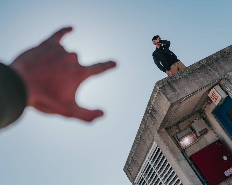tower, devil horns, portrait, outdoors, street, men, building exterior, built structure, day, urban, vibes, city, lifestyles, people, sky, 4K, nature