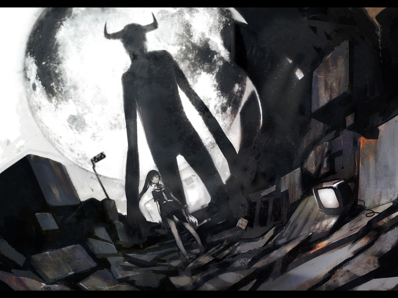demon, anime girls, black hair, horns, 720P, Devil, Moon, original characters, TV, anime, shadow
