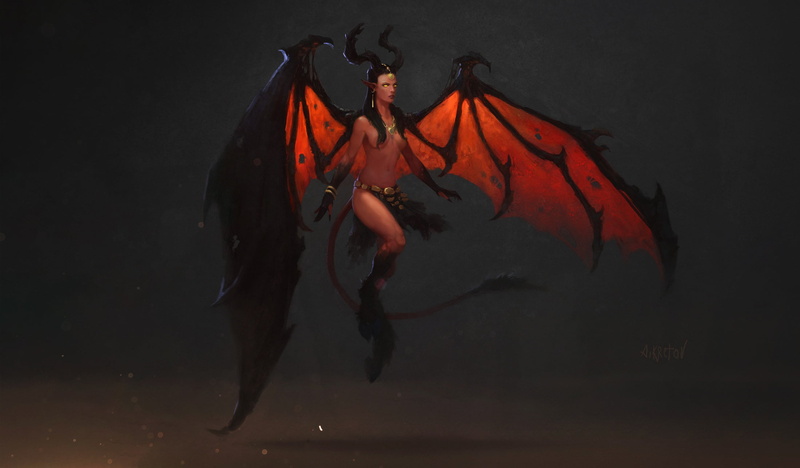 Hooves, Art, Minimalism, Devil, Fantasy, Horns, Demonessa, Wings, Succubus, Alexander Kretov, The devil, by Alexander Kretov, Figure, 1080P, Girl, Fiction