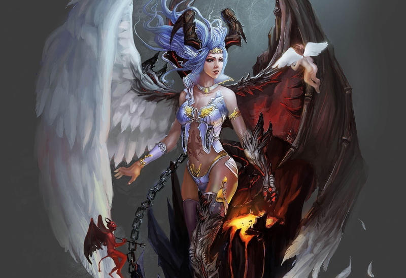wings, girl, Good, angel, shoes, headdress, standing, art, horns, indoors, fantasy, females, lifestyles, young adult, 1080P, portrait, hairstyle, young women