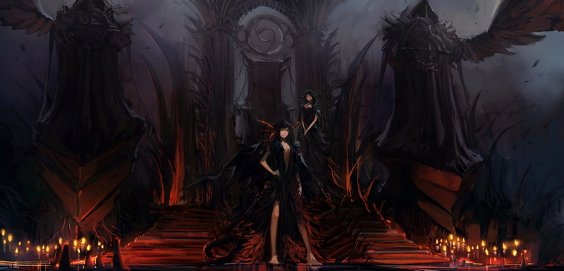 people, tails, shading, black, 720P, girls, devil, candles, anime, horns, hair, soft shading, hd, red eyes, soft, red, art, eyes