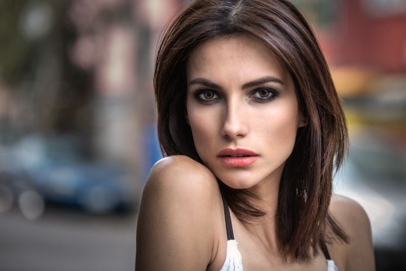 1080P, brown eyes, women, wide jaw, model, looking at viewer, smoky eyes, brunette, straight hair, portrait, short hair, depth of field, red lipstick