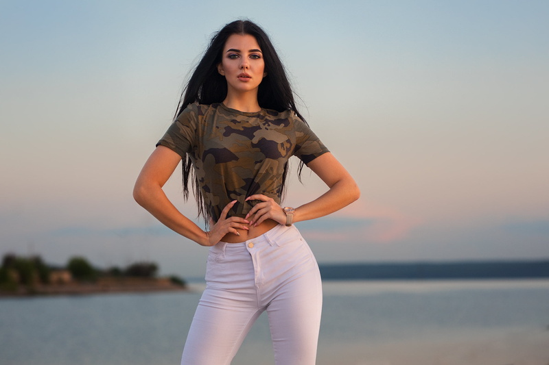 Dmitry Sn, shirt, women outdoors, brunette, belly, jeans, 1080P, Kristina Romanova, depth of field, model, blue eyes, looking at viewer, women, Dmitry