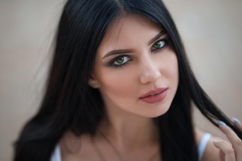 Kristina Romanova, Dmitry Shulgin, bokeh, pink lipstick, painted nails, green eyes, dark hair, looking at viewer, Dmitry Sn, touching hair, women, long hair