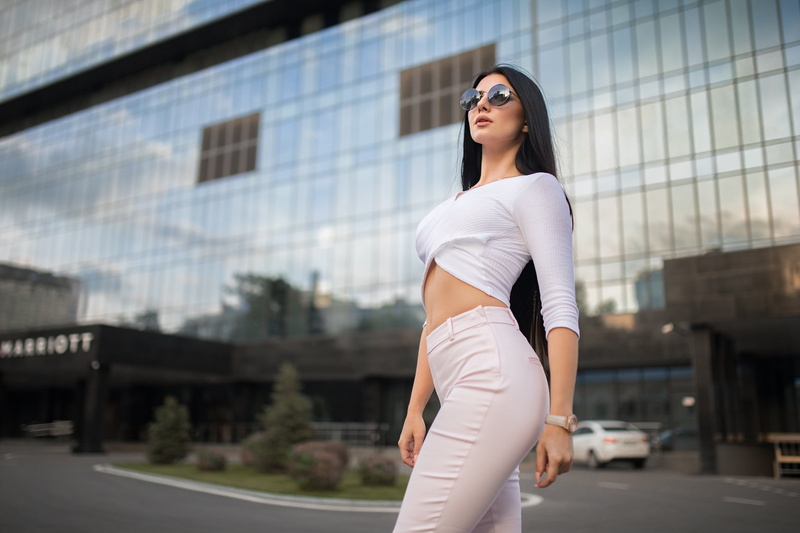portrait, pants, white clothing, model, belly, Dmitry Sn, urban, women, building, Dmitry Shulgin, women outdoors, Kristina Romanova, women with shades