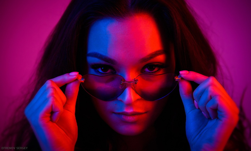 Sergey Efremov, women, neon, 1080P, women with glasses, face, Vika, portrait