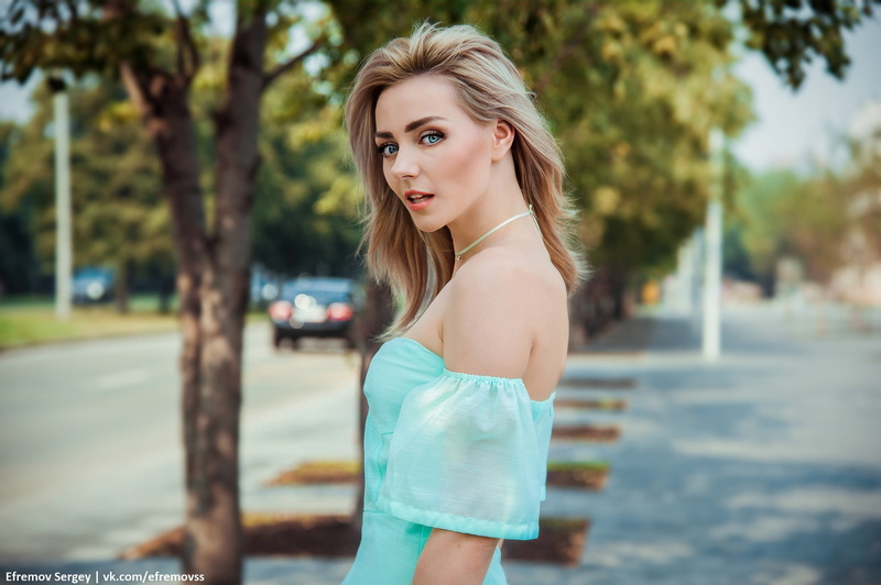 dress, one person, standing, real people, face, Sergey Efremov, looking at camera, lifestyles, young adult, long hair, blonde, blue dress, beauty, 1080P