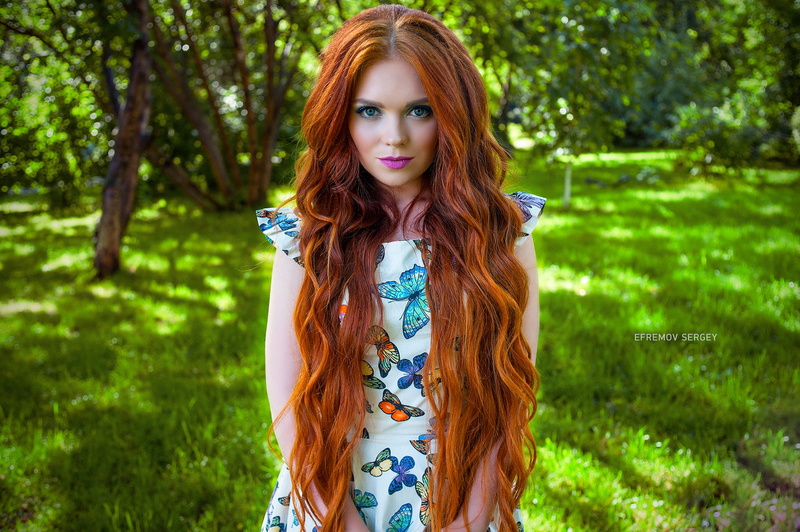 pale, women outdoors, face, long hair, eyeshadow, blue eyes, Sergey Efremov, portrait, 1080P, women, wavy hair, redhead, dress, pink lipstick, trees