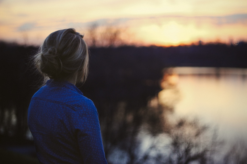 women, 5K, waist up, offspring, reflection, outdoors, girls, one person, nature, dress, water, blond hair, facing, sunset, golden hour, chambray, contemplation