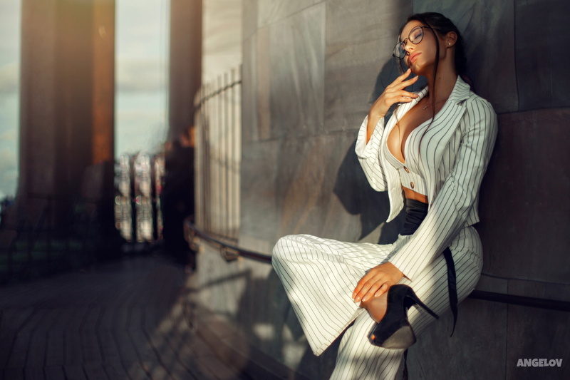 costume, mood, Eugene Angels, pose, glasses, 1080P, girl, Daria Shy, pants, Angelov, closed eyes, jacket, shoes