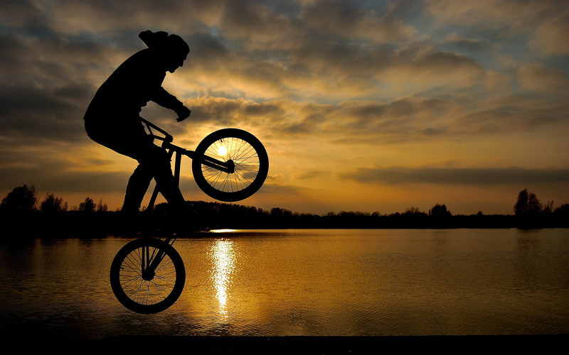 bicycle, hd, silhouette, nature, sunset, 1080P, jump, lake