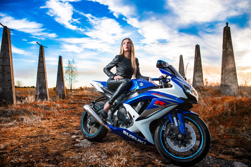 leather jacket, land vehicle, outdoors, young women, suzuki, sky, leather, motorcycle, motorbike, gsx, transportation, cloud - sky, one person, blue, land