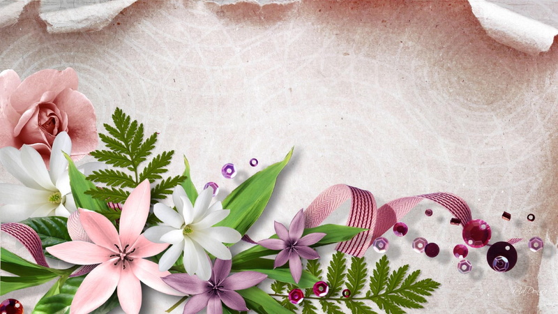 ribbons, flowers, nature, 1080P, ribbon, spring, paper, summer, 3d and abstract, beads, ferns