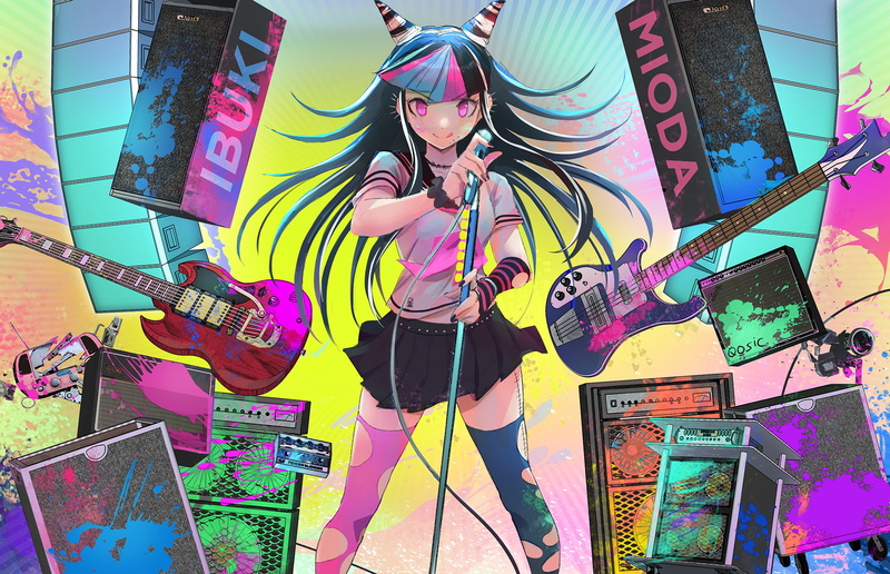 mioda, from, highs, tumblr, danganronpa, fanart, 1080P, striped, torn, guitar, super, ibuki, thigh, armwear, bass, pixiv