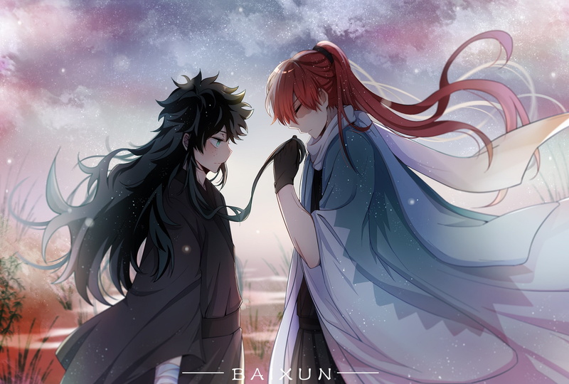2K, Todoroki Shouto, Boku no Hero Academy, two, Pixiv, Izuku Midoriya, Fanart From Pixiv, Fanart, anime, My Hero Academia, TodoDeku, long hair