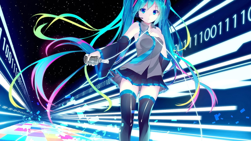 thigh-highs, arts culture and entertainment, light - natural phenomenon, light trail, multi colored, no people, long exposure, Hatsune Miku, communication