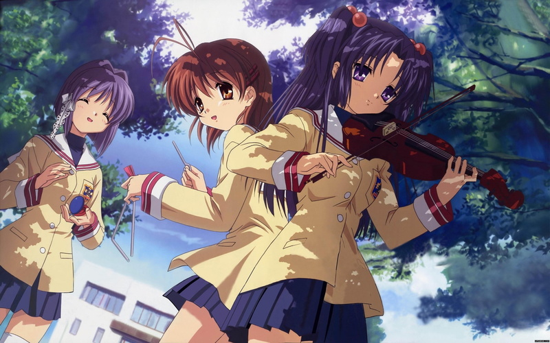 outdoors, art and craft, blue, togetherness, Fujibayashi Ryou, young adult, Furukawa Nagisa, day, low angle view, Ichinose Kotomi, tree, people, young women