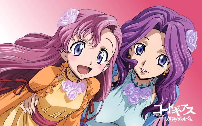 colored background, multi colored, indoors, pink, backgrounds, human representation, anime, smile, no people, code geass, human Face, human Hair, two, teenage Girls