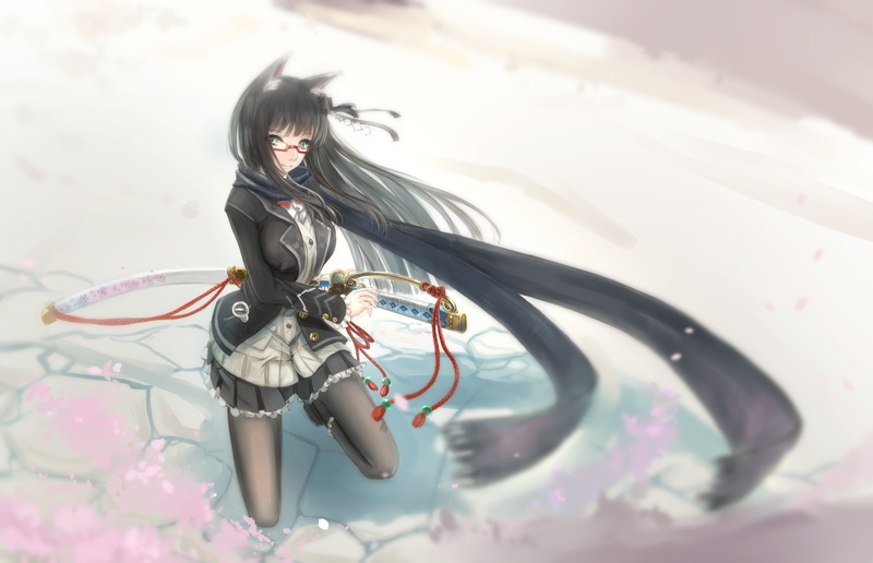 beautiful, girl, weapons, manga Style, one Person, long hair, lifestyles, black hair, adult, beautiful woman, fantasy, glasses, futuristic, selective focus
