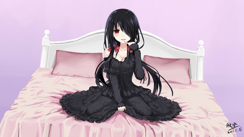 anime, black hair, anime girls, open shirt, Date A Live, 2K, long hair, Tokisaki Kurumi, bed