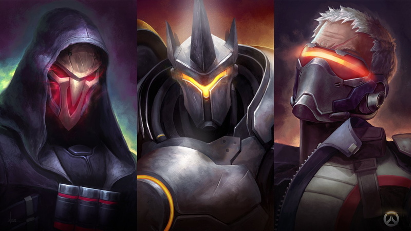 artwork, 1080P, Soldier  76 (Overwatch), video games, Reaper (Overwatch), Reinhardt (Overwatch), Overwatch, digital art