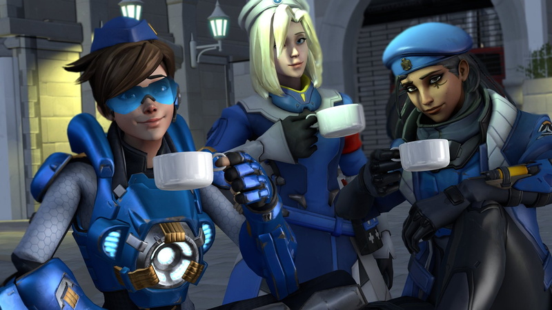 Overwatch, Video Game, young adult, cup, drinking, group of people, 1080P, front view, young women, people, sitting, real people, portrait, protection