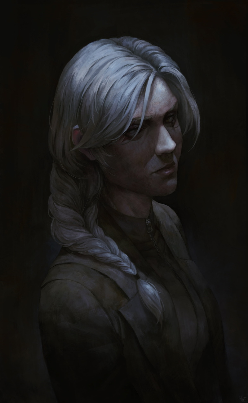 studio shot, hairstyle, women, spooky, braid, contemplation, ana, adult, art and craft, hair, 2K, one person, white hair, black background, sadness, dark