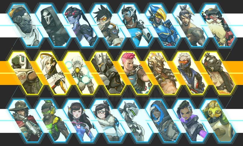 Overwatch, Reinhardt (Overwatch), Widowmaker (Overwatch), collection, side by side, Hanzo (Overwatch), symmetry, order, D.Va (Overwatch), Soldier: 76 (Overwatch)