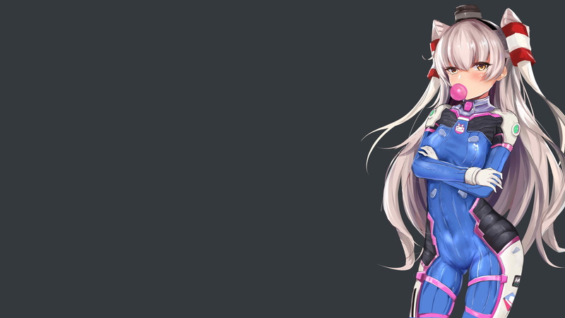 4K, Kantai Collection, D.Va (Overwatch), bubblegum, bodysuit, hat, Amatsukaze (Kancolle), crossover, gray background, arms crossed