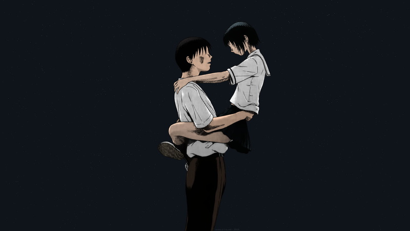 Sundome, couple, black background, lifestyles, woman, anime girls, indoors, copy space, short hair, togetherness, 1080P, cut out, two people, anime, man