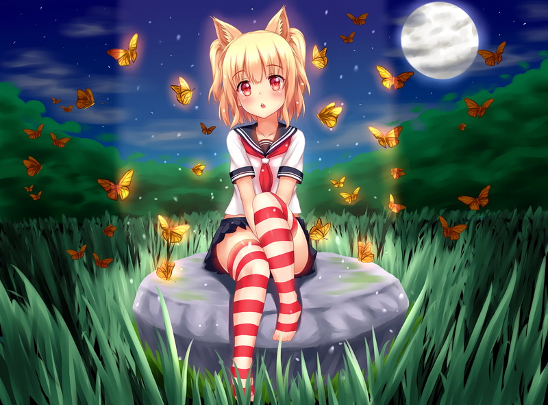 stockings, animal ears, celebration, one person, childhood, human representation, innocence, cat girl, skirt, night, 1080P, sitting, anime, school uniform