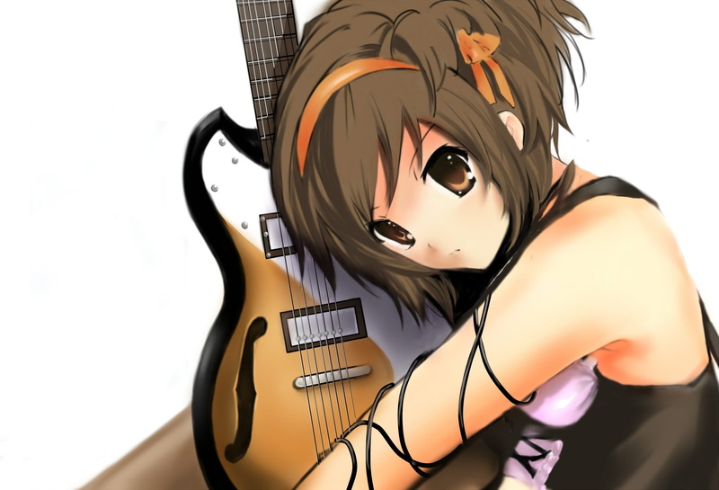 guitar, real people, 1080P, portrait, anime, looking at camera, one person, studio shot, The Melancholy of Haruhi Suzumiya, women, hair, leisure activity