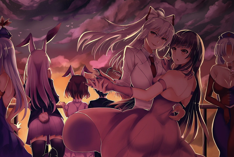 group, sunset, arts culture and entertainment, real people, Houraisan Kaguya, group of people, fun, night, lifestyles, standing, women, Inaba Tewi, Touhou