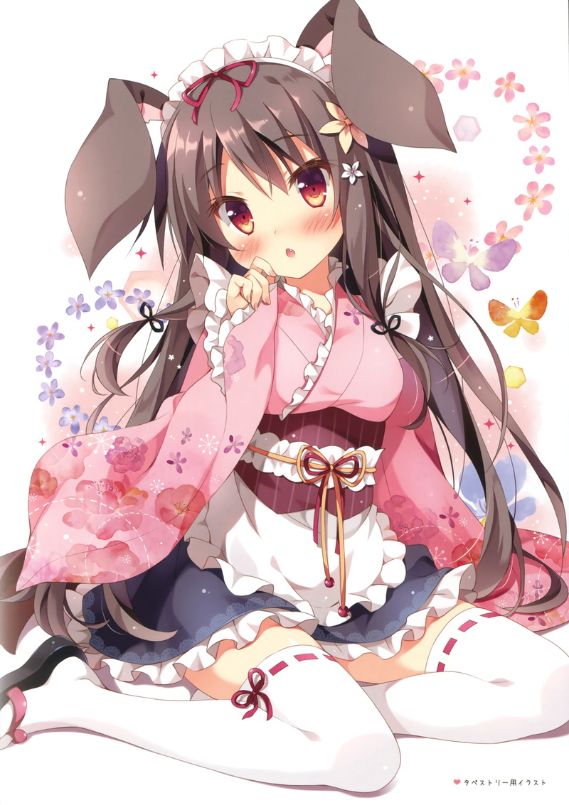 loli, clothing, women, brown hair, fashion, sitting, beauty, one person, japanese clothes, Anime, anime girl, childhood, females, indoors, portrait, bunny ears
