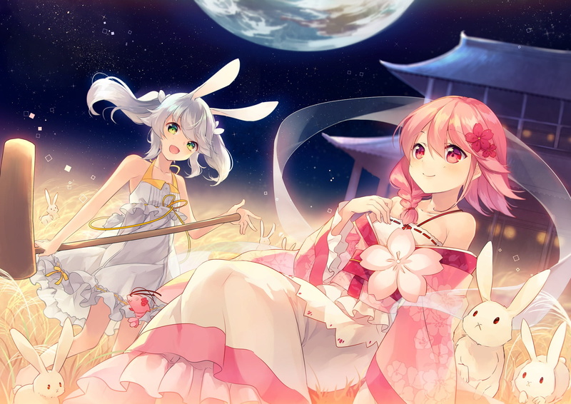 celebration, indoors, female likeness, transparent, green eyes, pink hair, night, bunny ears, glass - material, gray hair, red eyes, Sergestid Shrimp, digital composite
