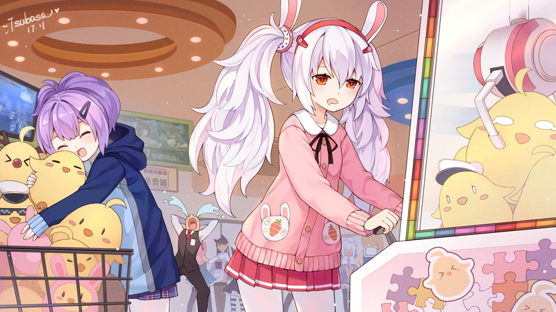 pigtails, 2K, male likeness, front view, long hair, hair ornament, bunny ears, clothing, open mouth, multi colored, skirt, art and craft, toys, women